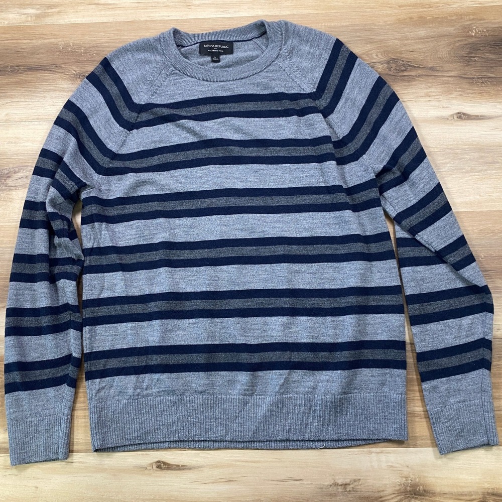 Banana Republic Sweater‎ Mens L Striped Merino Wool Slim Fit Grey Navy Heritage